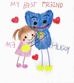 A childrens drawing of Huggy Wuggy hugging a girl, and the girl writing "My best friend" above them.