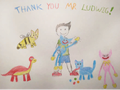 A childrens drawing of Huggy Wuggy and other mascots thanking Elliot Ludwig