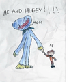 A childrens drawing of Huggy Wuggy walking with a kid.