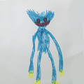 A childrens drawing of Huggy Wuggy standing.