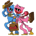 An unused mural of Huggy Wuggy and Kissy Missy seen with leather accessories and suitcases.