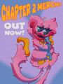 A poster of Kissy Missy hugging a small Huggy doll, alongside announcing new Chapter 2: Fly in a Web merch.