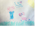 A child's drawing of Mommy depicted as a dog with a child saying "I lo❤️ Mommy Long Legs"