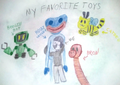 A childrens drawing of Huggy Wuggy alongside other mascots, listing their favorite mascots.