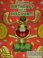 A poster of Bunzo Bunny mentioning birthday discounts.