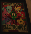 A poster showcasing Candy Cat, Cat-Bee, Kissy Missy, Bron, PJ Pug-A-Pillar, and Bunzo Bunny all glaring at a noise-making Boogie Bot during a performance.