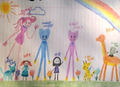 A childrens drawing of Huggy Wuggy and all the other mascots created by Playtime Co.