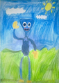 A childrens drawing of Huggy Wuggy posing in a field of grass.