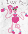 A child's drawing of Mommy Long Legs' with the text "I LUV MOMY"