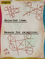 A rejection paper with 3 rounds of Tic-Tac-Toe on it.