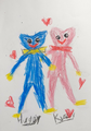 A childrens drawing of Huggy Wuggy with Kissy Missy together.