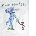A childrens drawing of Huggy Wuggy walking with a kid.